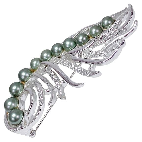 VTG Signed Sarah Coventry 60s Silver Tone Feather Brooch Green Faux Pearls - Picture 4 of 14